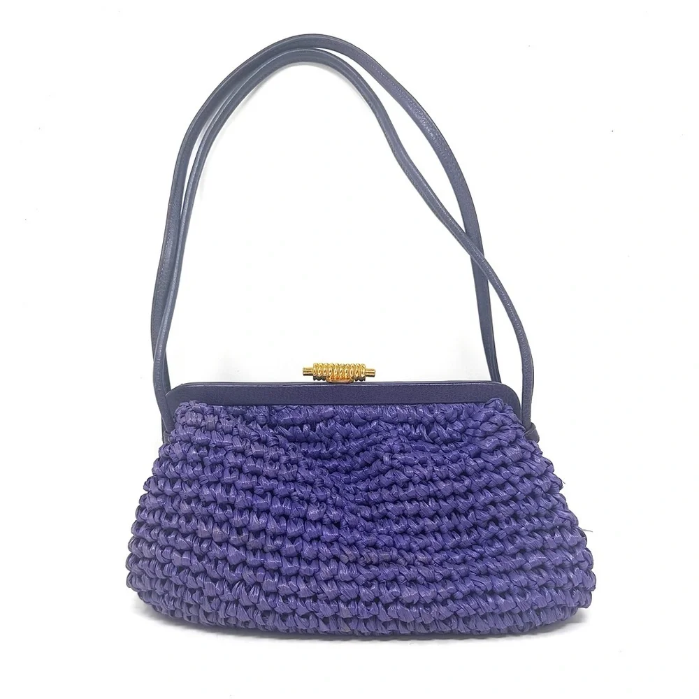 Morris Moskowitz Vintage Purple Crochet Straw Top Handle Bag Gold Hardware - Picture 1 of 9